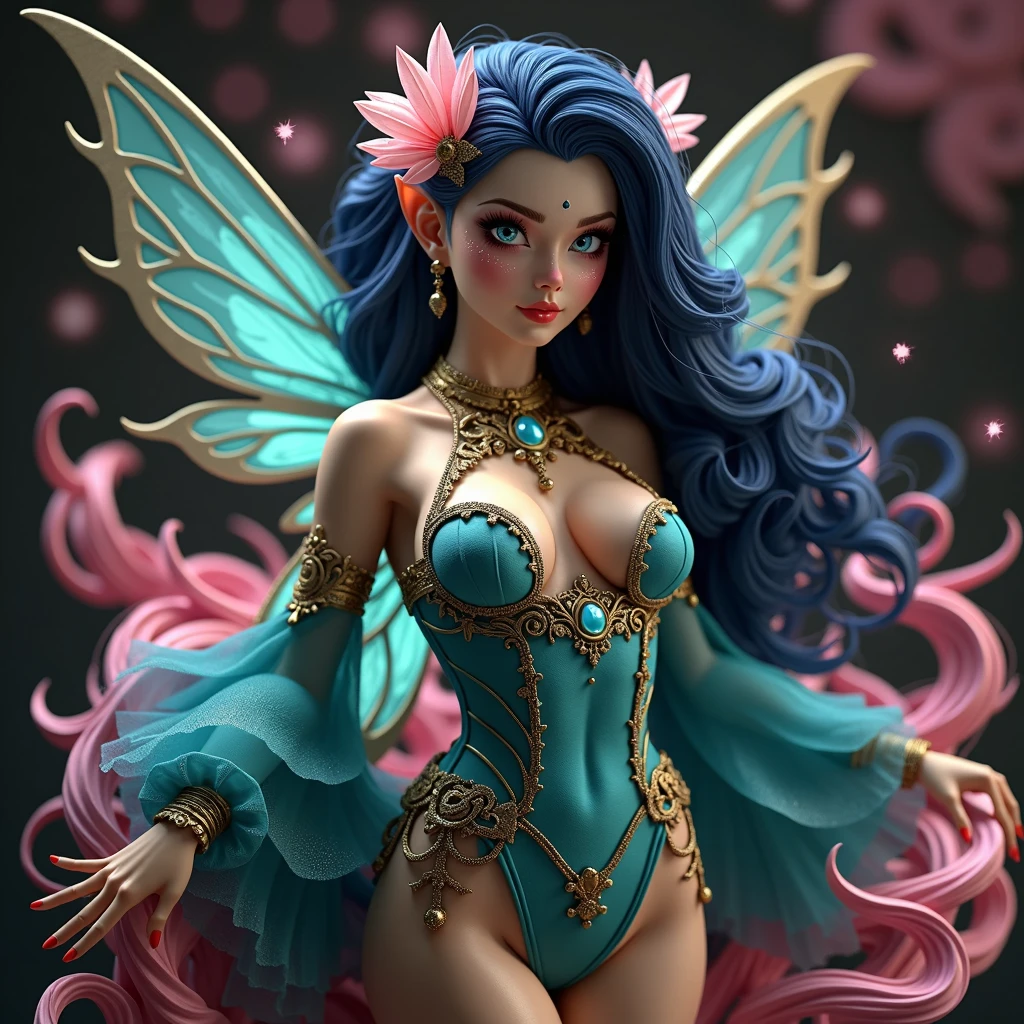 A 24K 3D HD hyper-realistic image of a Latin sexy fairy with neon pink hair adorned with petals and glistening pollen. She is wearing an elegant turquoise and gold outfit with intricate details. The fairy has mesmerizing eyes that sparkle like morning dew. She is standing in a dark fantasy setting with rich colors and textures. The image has a cinematic vibe with vibrant colors and intricate details.