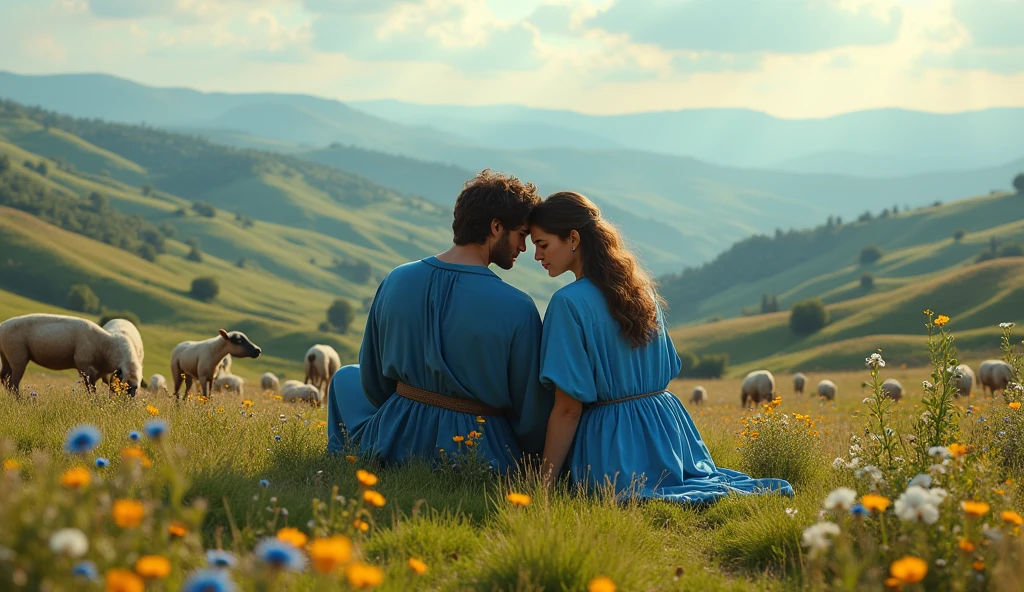 romantic greek shepherd couple in bluer clothes sitting on a hill with a lot of cows and sheeps in background renaissance cinematic