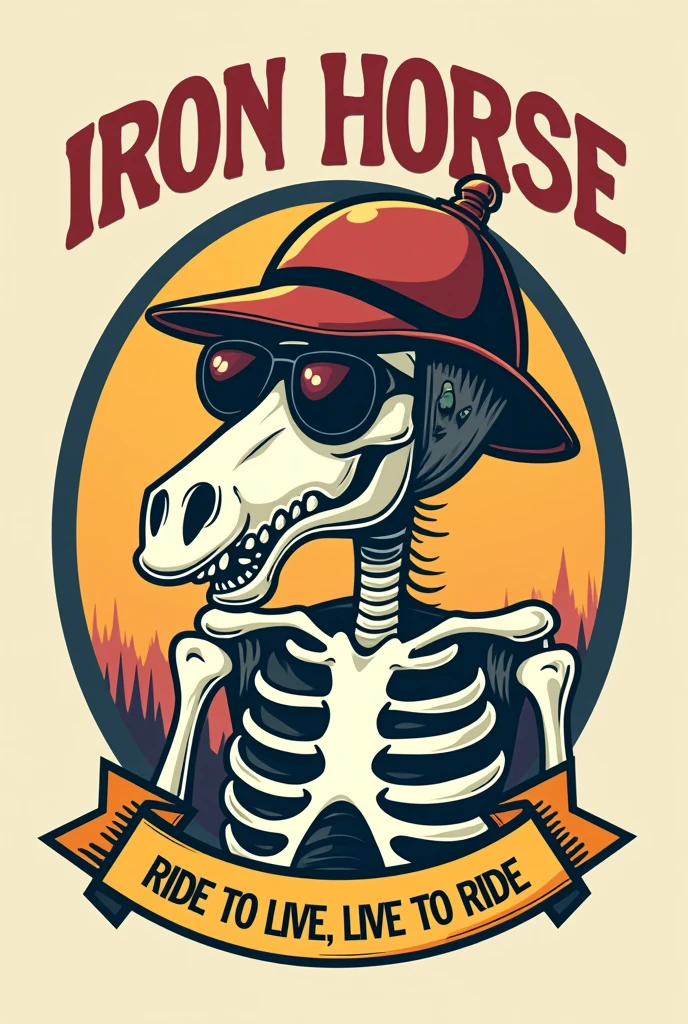 Cartoon style emblem written "IRON HORSE" with a funny horse skeleton wearing a helmet with sunglasses, 50&#39;s cartoon style, underneath there is a ribbon written "Ride to Live, Live to Ride"