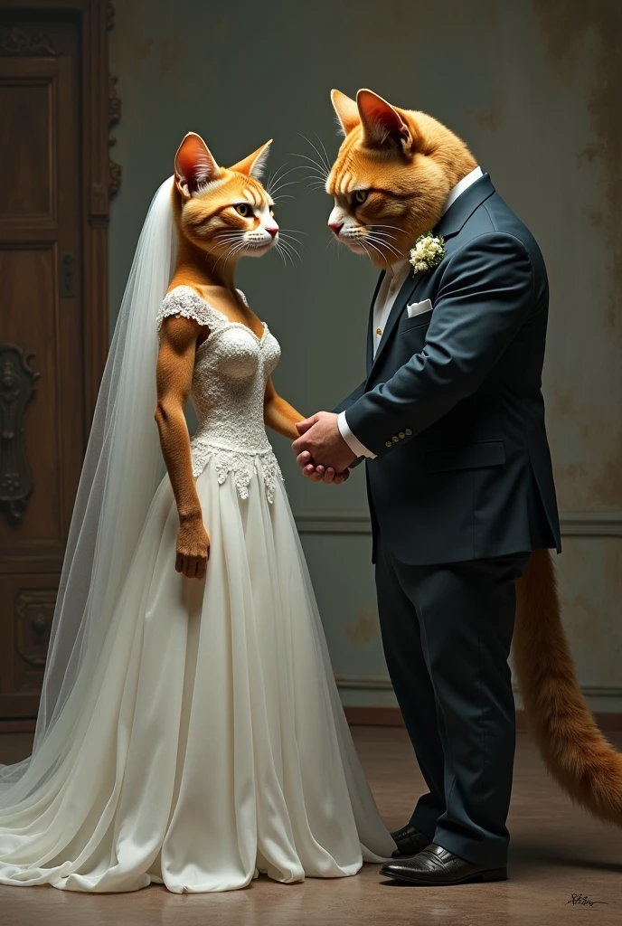 A angry human dad holding his daughter's hand who is wearing wedding dress and saw a bodybuilder cat who is wearing wedding suit with angry face 