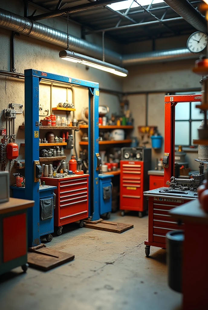 Make me a wall painting of a car repair shop with repair shop equipment on a scale of 1:144 from the original.