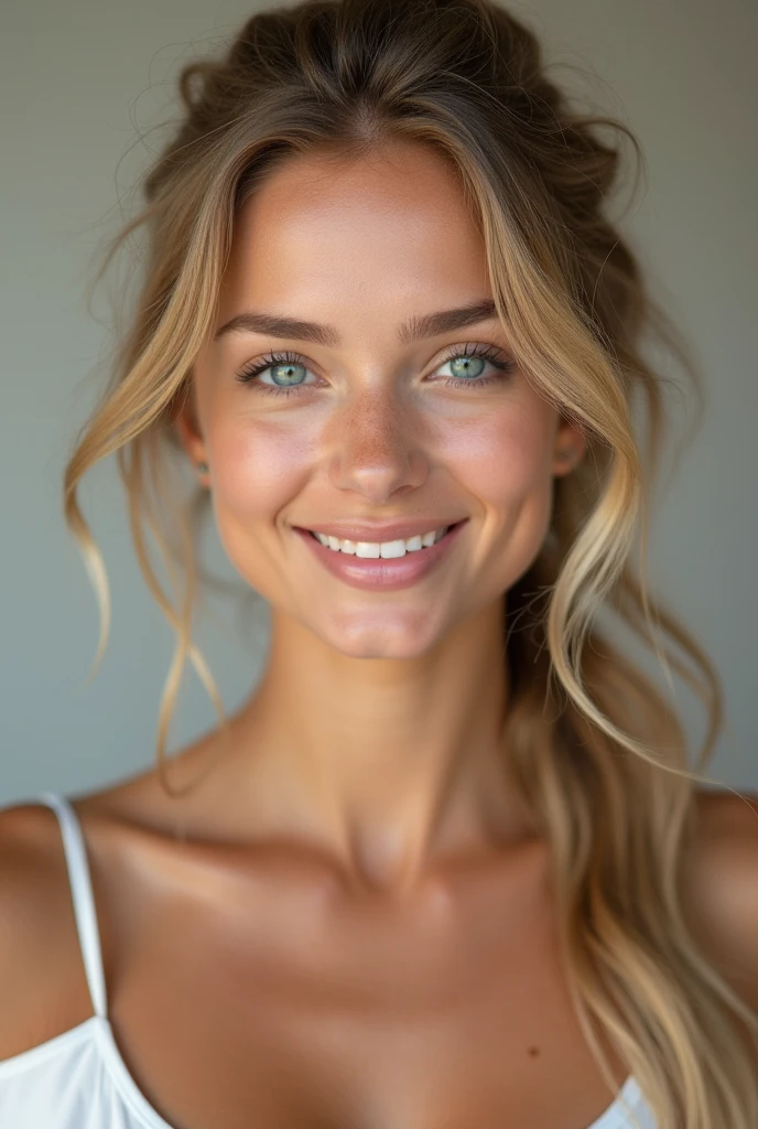Create an image of a young blonde sexy exotic girl between the ages of 18 and 28. She should have a warm, sexy expression, with natural makeup that enhances her youthful exotic features. Her hair can be styled in loose waves or a casual updo, reflecting a relaxed and approachable vibe. The background should be simple, such as a soft, neutral-toned setting, allowing the focus to remain on her.