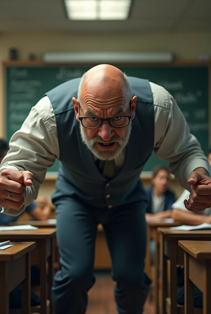 The bald teacher with glasses gets angry