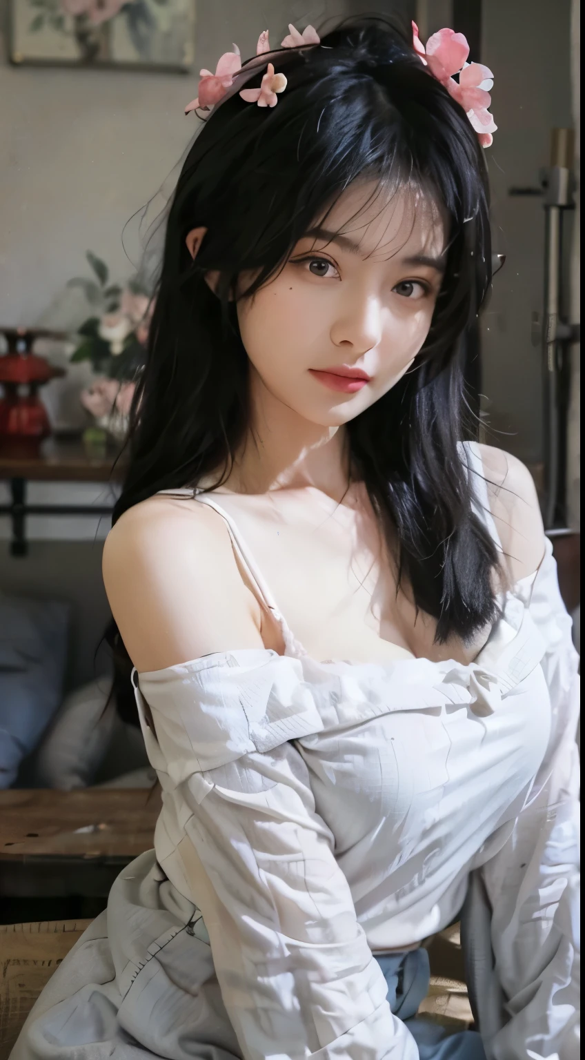 best quality， ultra high resolution， （In reality：1.4）， 1 girl， A pair of peach blossom eyes，Off shoulder white shirt，   （faded gray gray hair：1.4）， （Large breastbone：1.2）， closeup cleavage ，