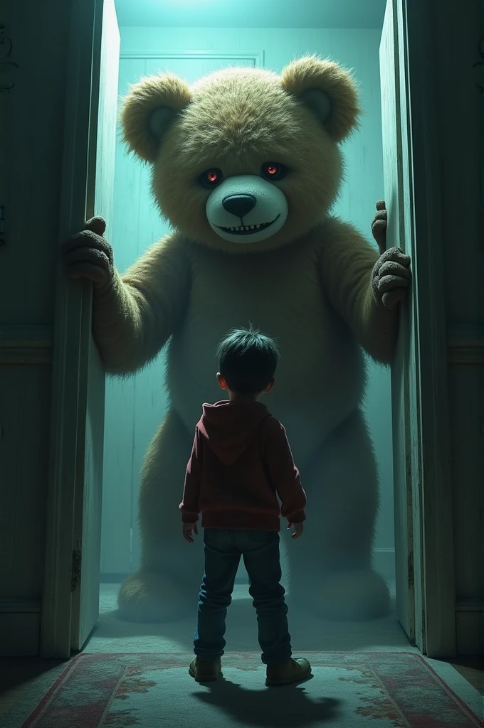 Description : Élias est acculé contre le mur de sa chambre, le visage figé par la terreur. L'ours en peluche, désormais de la taille d'un enfant, avance vers lui avec une expression malveillante. Des mains spectrales sortent des murs autour d'Élias, prêtes à l'attraper. La scène est éclairée par une lumière blafarde, ajoutant à l'atmosphère oppressante.