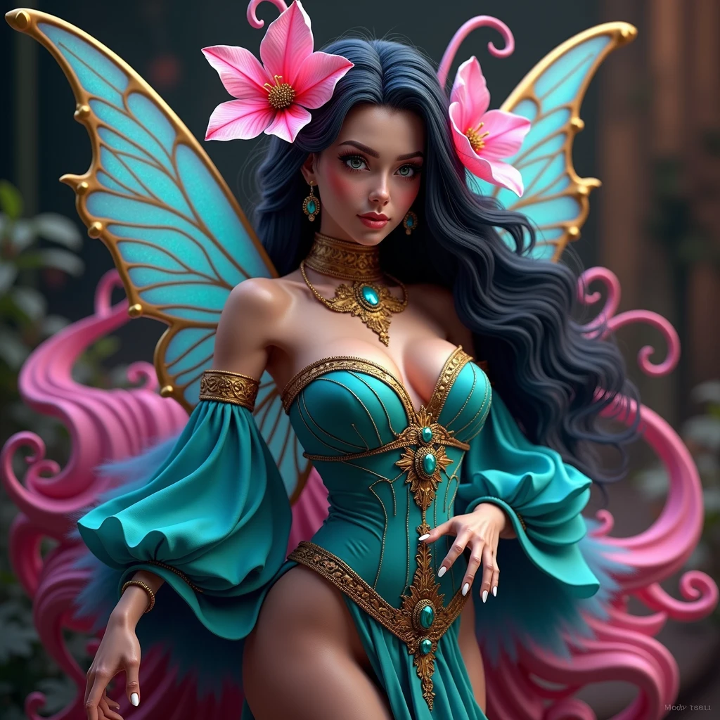 A 24K 3D HD hyper-realistic image of a Latin sexy fairy with neon pink hair adorned with petals and glistening pollen. She is wearing an elegant turquoise and gold outfit with intricate details. The fairy has mesmerizing eyes that sparkle like morning dew. She is standing in a dark fantasy setting with rich colors and textures. The image has a cinematic vibe with vibrant colors and intricate details.
