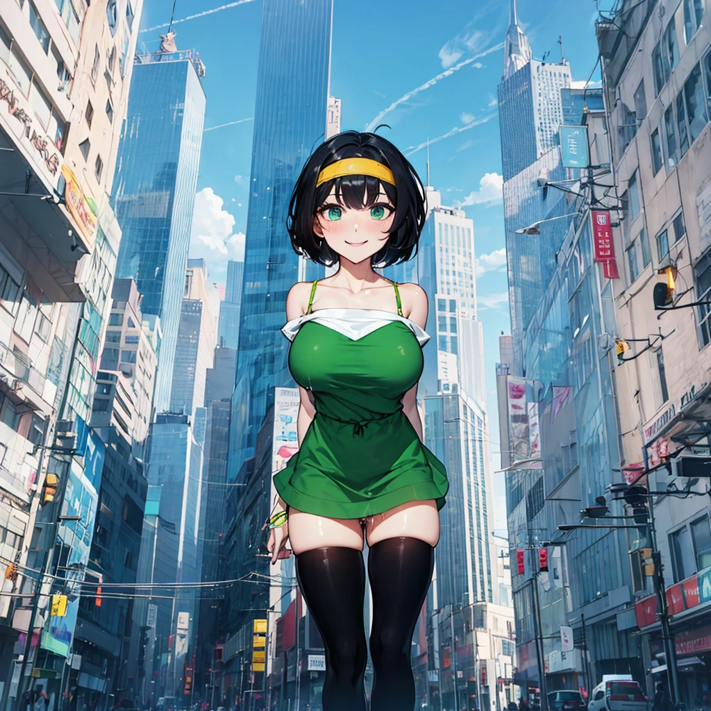 (solo), (1 skinny girl standing), arms behind back, swaying back, (tight-fit black thighhighs), collarbone, BREAK, (yellow hairband), green off-shoulder dress with shoulder straps, (off-shoulder white shirts under dress:1.2), glass-walled skyscrapers in distance, BREAK, (long skinny legs), huge breasts, BREAK, (forced smile:1.3), (dripping tires:1.3), (disappeared), open mouth, orgasm, nsfw, pussy juice dripping down between thighs