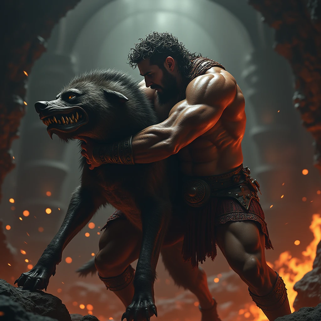 Hercules capturing Cerberus, wearing armor, Underworld setting with dark, fiery background, wrestling the three-headed dog into submission, eerie glow and shadows, medium shot, hyper-realistic, photo realism, cinematography --ar 1:1