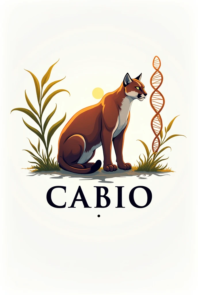 The cougar is highlighted in the center of the image, slightly in profile, with a plant branch on one side and a DNA double helix on the other. The image has a white background and the cougar is depicted in an anime style./drawning. The name CABIO is written in capital letters below