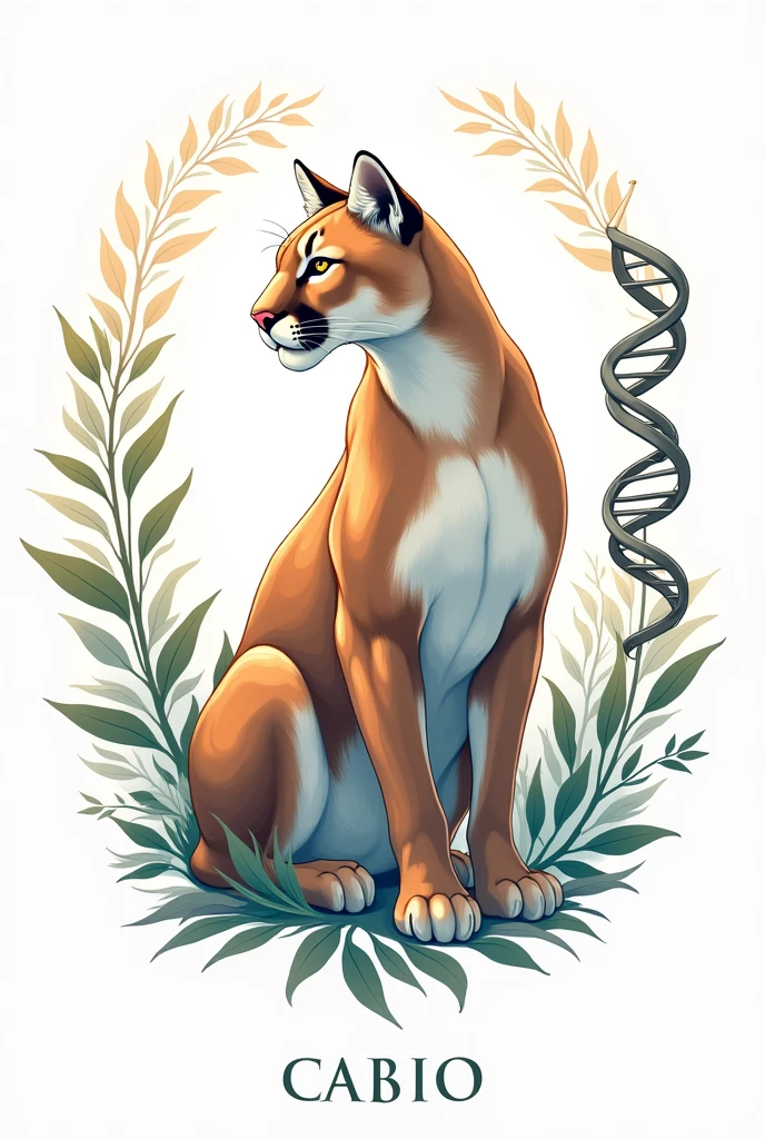 The cougar is highlighted in the center of the image, slightly in profile, with a plant branch on one side and a DNA double helix on the other. The image has a white background and the cougar is depicted in an anime style./drawning. The name CABIO is written in capital letters below