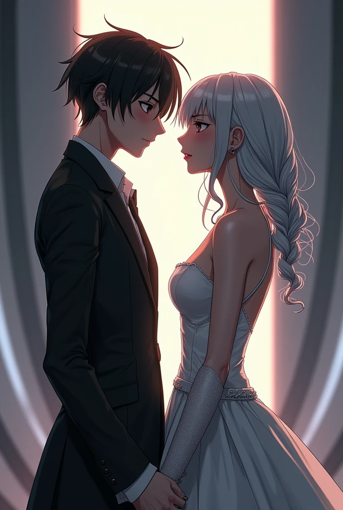 Sanakan and Cibo from Blame! Manga in a wedding dress), (sci-fi theme) Eyes staring at each other, suit black hair, dress striking silver hair, Futuristic atmosphere of the outfit A soft but bright light shines from above. Intimate and romantic atmosphere Highly detailed, exceptionally detailed, cinematic quality, emotionally charged scenes.