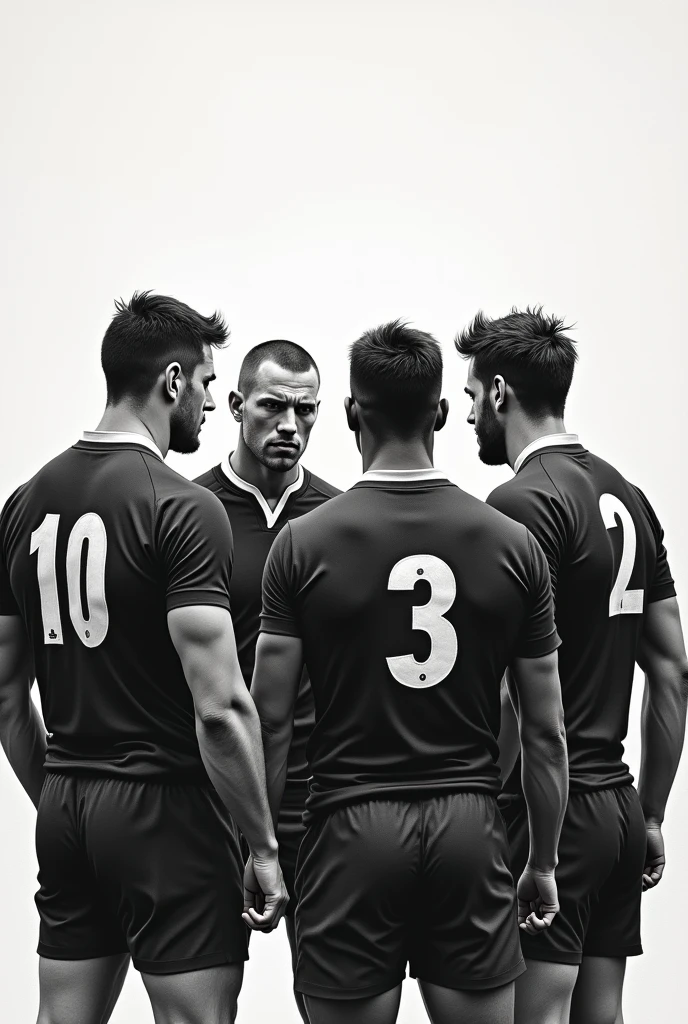 black and white painting of a rugby team concentrating in a circle. They have rugby jerseys with numbers on the back