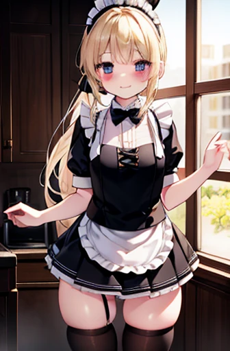 Realistic, High resolution, detailed, Structure of the film,Cute woman in maid outfit, Cafe, Black rabbit ear headband, Blonde, ponytail, A shy smile, blush, Hold down the skirt, mini skirt,