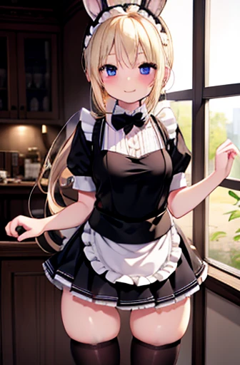 Realistic, High resolution, detailed, Structure of the film,Cute woman in maid outfit, Cafe, Black rabbit ear headband, Blonde, ponytail, A shy smile, blush, Hold down the skirt, mini skirt,