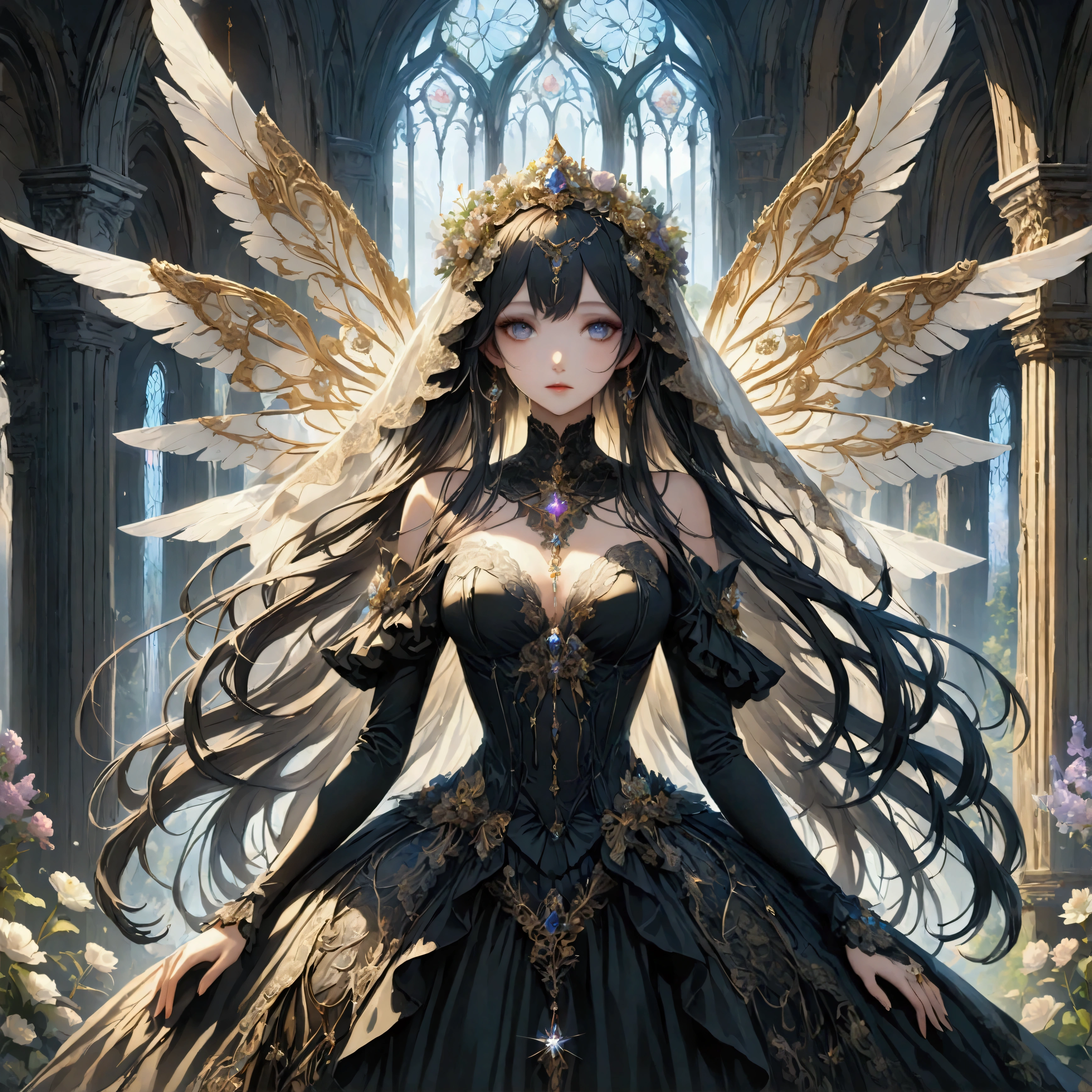 In a world where the elegance of a faded era meets the precision of mechanical innovation, a Gothic ta girl stands as a living testament to this haunting beauty. Her long black hair drapes luxuriously around her shoulders, a silken veil of night that enhances the alabaster fragile elegance of her complexion. Her dress, a cascade of deep black fabric intricately entwined with lace and satin, whispers of a time once filled with grandeur and sophistication. Her mechanical wings, a marvel of artistry and technological prowess, spread wide in a magnificence that defies conventional beauty—their metallic feathers etched with ornate details that glint like starlight in the decadent gloom of her surroundings. She inhabits a space that breathes decay; fragments of marbled elegance and ghostly echoes of an opulent past cradle her form, shaping an ambiance of poetic disarray. Each movement she makes tells a tale of gracefully enduring time, a symphony of elegance and resilience set against the melancholic serenade of inevitable decay. Her eyes, dark and fathomless, capture the melancholic essence of a world forever caught between its past grandeur and the mechanical marvels of an evolving future.,artwork,rendering,(masterpiece:1.3),(highest quality:1.4),(Super detailed:1.5),High resolution,Very detailed,unity 8k wallpaper