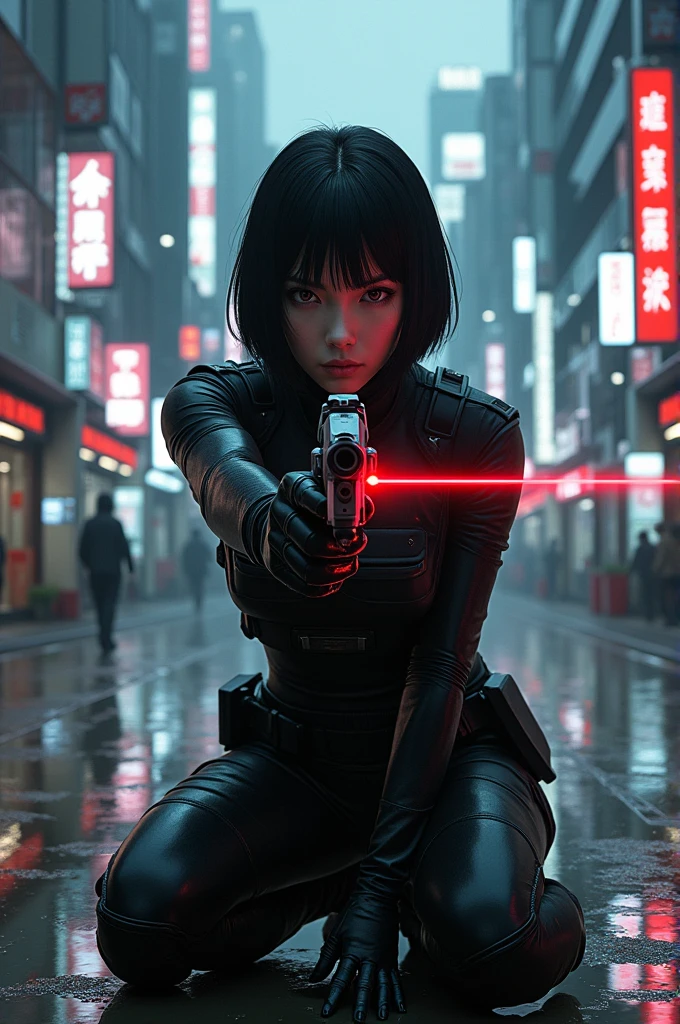  Quality,Mirror-like,Cinematic Experience,insanely detailed,absurdres),8k,wallpaper,,(Best illustrations:2.0),(One Woman:2.0),(Motoko Kusanagi:2.0),(Ghost in the Shell-style worldview:2.0),(Black tactical bodysuit:2.0),(Heavy black bulletproof vest:2.0),(Black gloves:2.0),(Short Bob:2.0),(Beautiful Eyes),(Detailed face),(Detailed female hand drawing:2.0),(sexy:2.0),(He kneels down and aims a pistol at me.:2.0),(Raise your right knee:2.0),(The background is Tokyo, where science and technology have developed.:2.0),(Drawing in monochrome:2.0),(sf:2.0),(A pistol with a laser pointer under the muzzle:2.0),(Point the red laser pointer on your pistol at me:2.0) 
