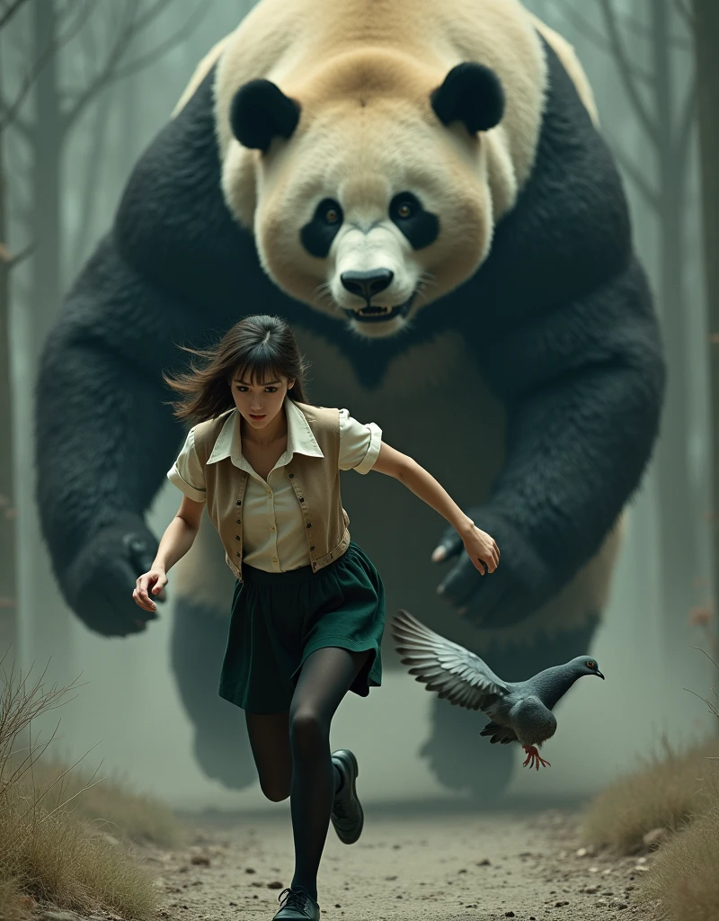 ((Highest quality)), ((masterpiece)), (Grey pigeon female), (horror movie posters:1.5), (short-sleeved shirt), (Giant panda carrying a refrigerator:1.8), グレーの女性のハトがオフホワイトで襟付きのshort-sleeved shirtに薄茶色のベストを着てひざ丈の黒いスカートに濃い緑の靴下と黒の靴を履いている, Female pigeon vs giant panda, A female pigeon sprints away from a giant panda, Muscular grey female pigeon、Photorealistic images,