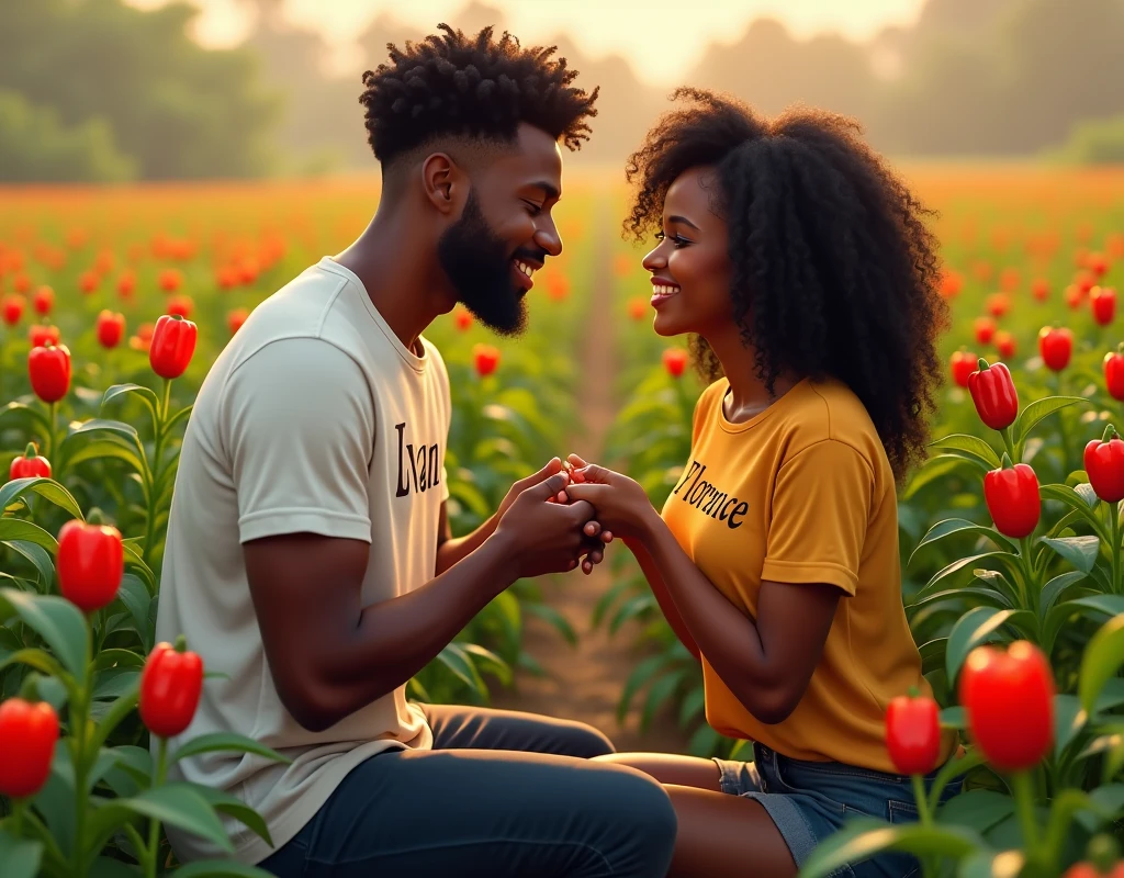 Un homme noir en genoux entrain d’offrir une bague de mariage et son amoureux noir souriant dans une un champ de poivron 
Nous pouvons voir le mot Ivan sur le t-shirt de l’homme et Florence sur le t-shirt de la femme  