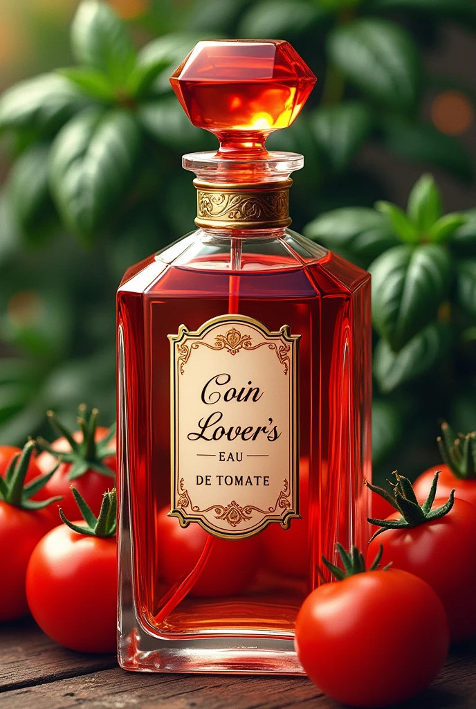 Image illustrations vintage d’un flacon de parfums, magnifique en Crystal transparent rouge, inscrit sur l’étiquette du flacon « Coin Coin Lovers » et « Eau de Tomate », en arrière plan des tomates et du basilic frais
