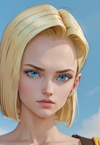 masterpiece, from Android 18, Blonde with big tits , blue eyes, smooth skin detailed face perfectly eyeliner voluminous lips upturned nose extraordinary beauty wallpaper fanart hyperrealistic high resolution 12k