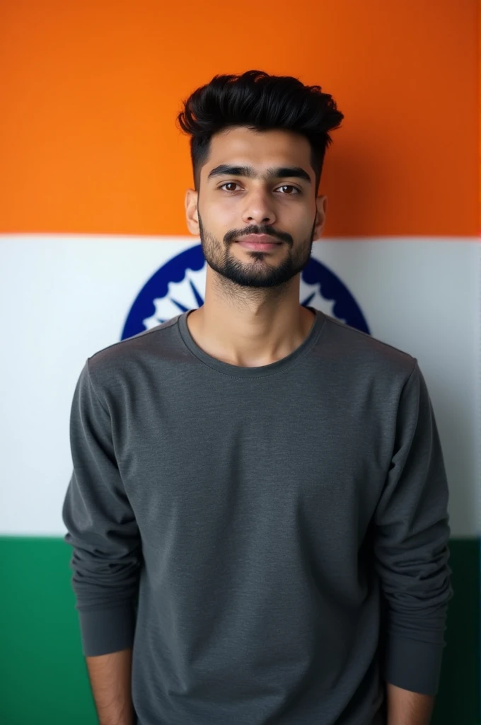 Indian 21 years young boy with beard and hairstyle professional image. standing position indian flag colour background 