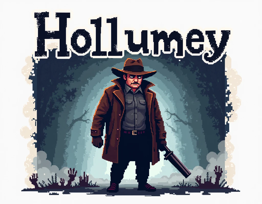 Title say: "Hollumey", Hollumey Title, RPG Game cover, dark style, Crime Game, Detective Game, Pixel art, Retro game, 8bit, 16bit, white background