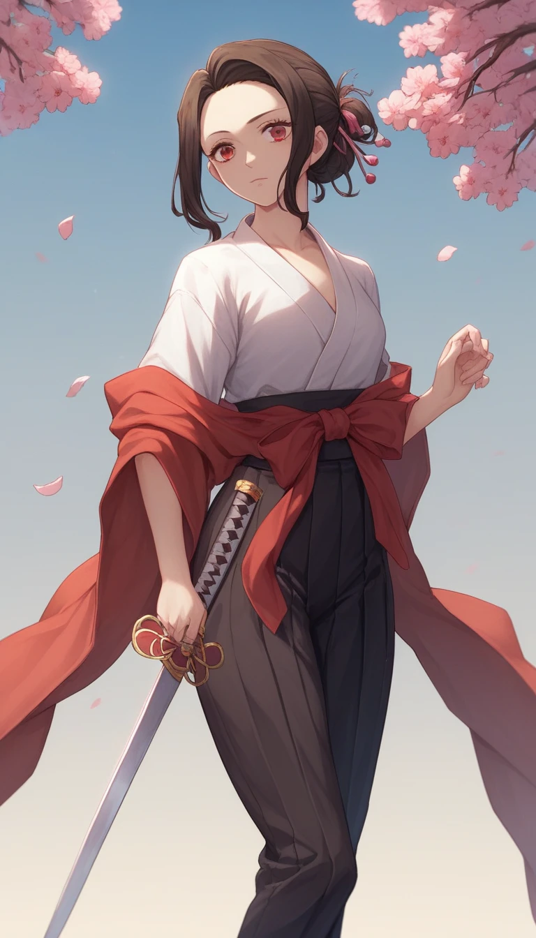 score_9, score_8_up, score_7_up, score_6_up, score_5_up, score_4_up, A female version of Tanjiro Kamado from the anime Demon Slayer. She has long, dark brown hair tied back with a red ribbon, large expressive dark red eyes, and a compassionate expression. She wears a version of the traditional black and green checkered haori, slightly adapted for a feminine form, over a modified version of the Demon Slayer Corps uniform, including a hakama-style skirt instead of pants. She carries a Nichirin blade at her side, the sword's hilt wrapped in a red and black pattern. The scene is set against a backdrop of a forest at sunset, with cherry blossom petals gently falling around her