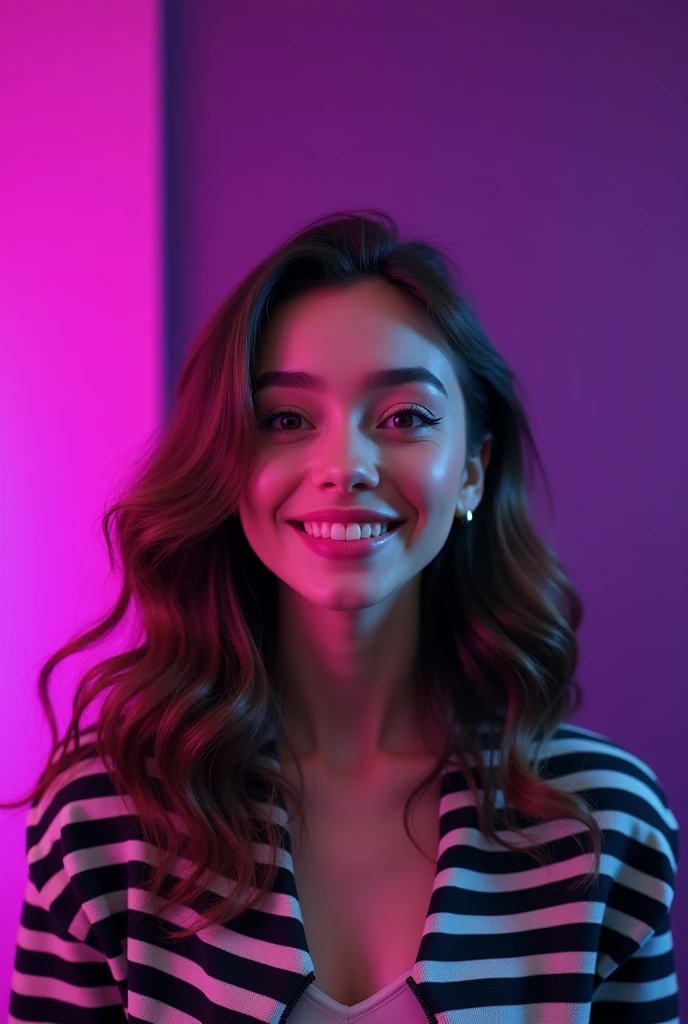 One girl.she using make up.she take selfie and smile on camera.she wearing a black and have white stripe jacket.she has a long hair and a little bit curly.Background purple.3D