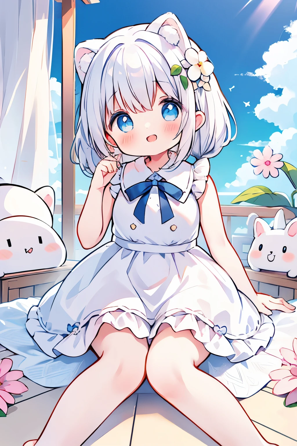 anime、pastel、Cute Asian ???、Small child、、Very short、Baby Face、Laughing with your mouth open、Happy smile、Showing teeth、Double teeth、Indigo and white hair color、Braided Short、Flower Hair Ornaments、Small animal ears、drooping ears、Fluffy animal tails、Blue eyes、Blue eyes、Odd Eye、Cute eyes、Wide open eyes、Clear eyes、Cheeky cheeks、White sleeveless skirt、Pure white dress、Skirts with ruffles、Put your arm out、Put your feet up、Plump thighs、Cute Girlfriend、happy、really like、Frolic innocently、Heart on screen、Pear-shaped、The light shines through、sit、Colorful flowers、barefoot、beach