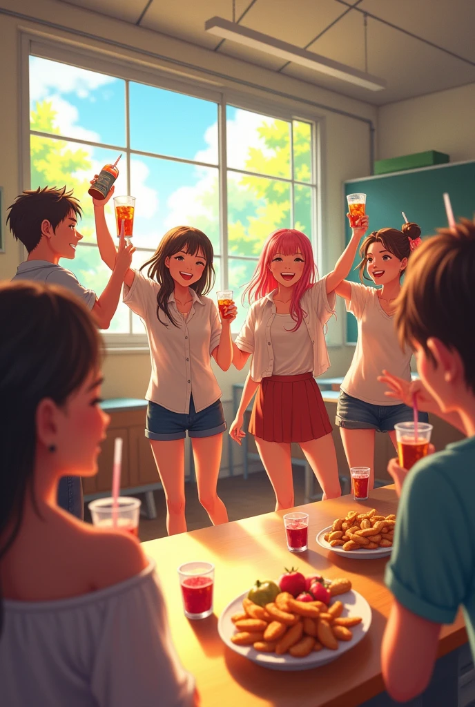 a party in classroom, summer day, they are enjoyed a dance, eat food, drink some beer, happy look, anime, anime style, cinematic lighting, high detail, Conceptual art, Social realism, masterpiece, high details, best quality, 4K, accurate