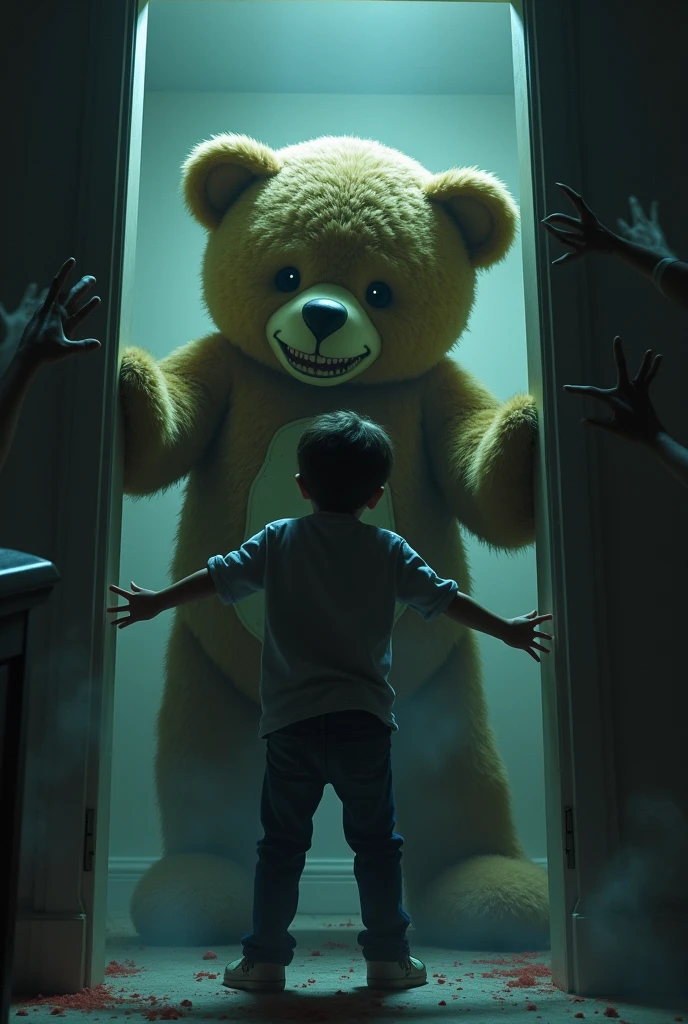 Description : Élias est acculé contre le mur de sa chambre, le visage figé par la terreur. L'ours en peluche, désormais de la taille d'un enfant, avance vers lui avec une expression malveillante. Des mains spectrales sortent des murs autour d'Élias, prêtes à l'attraper. La scène est éclairée par une lumière blafarde, ajoutant à l'atmosphère oppressante.