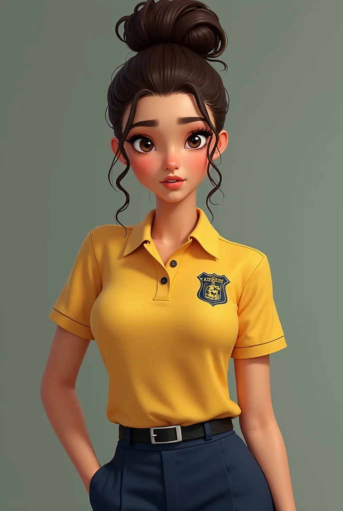 A girl, with slightly squinty eyes, nose a little wide, lips a little thick and a little dark, white skin but not so pale, brown almost black curly hair, that she has her hair up. Have a uniform, the yellow polo shirt a bit like an old money chick, with a logo next to a Dominican school, Navy blue pants not so tight, with a black belt and black shoes with white socks