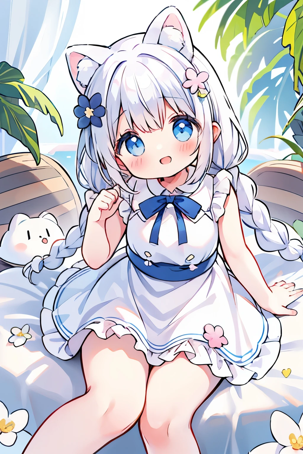 anime、pastel、Cute Asian ???、Small child、、Very short、Baby Face、Laughing with your mouth open、Happy smile、Showing teeth、Double teeth、Indigo and white hair color、Braided Short、Flower Hair Ornaments、Small animal ears、drooping ears、Fluffy animal tails、Blue eyes、Blue eyes、Odd Eye、Cute eyes、Wide open eyes、Clear eyes、Cheeky cheeks、White sleeveless skirt、Pure white dress、Skirts with ruffles、Put your arm out、Put your feet up、Plump thighs、Cute Girlfriend、happy、really like、Frolic innocently、Heart on screen、Pear-shaped、The light shines through、sit、Colorful flowers、barefoot、beach