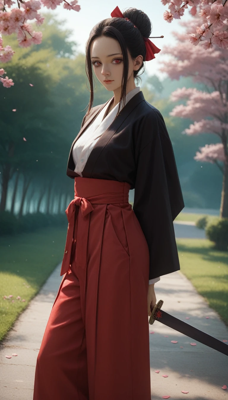 score_9, score_8_up, score_7_up, score_6_up, score_5_up, score_4_up, A female version of Tanjiro Kamado from the anime Demon Slayer. She has long, dark brown hair tied back with a red ribbon, large expressive dark red eyes, and a compassionate expression. She wears a version of the traditional black and green checkered haori, slightly adapted for a feminine form, over a modified version of the Demon Slayer Corps uniform, including a hakama-style skirt instead of pants. She carries a Nichirin blade at her side, the sword's hilt wrapped in a red and black pattern. The scene is set against a backdrop of a forest at sunset, with cherry blossom petals gently falling around her