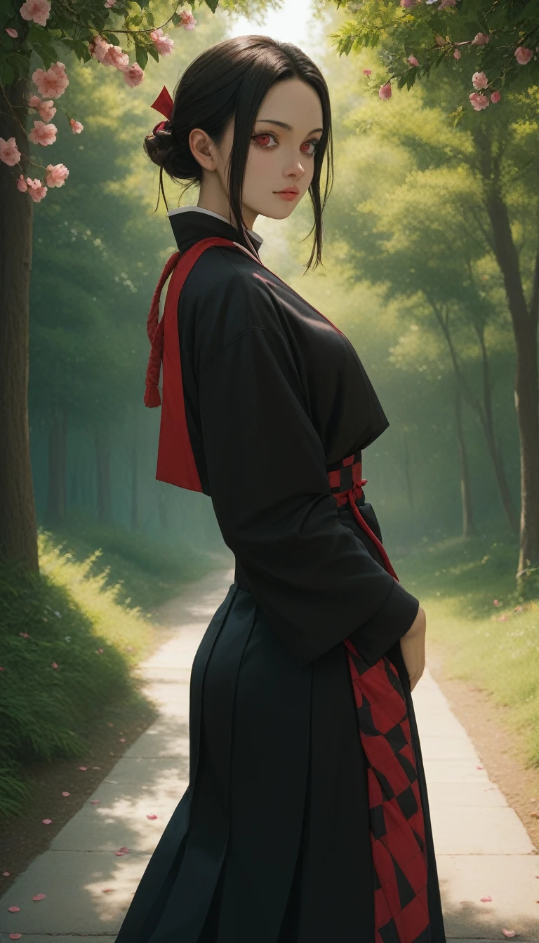 score_9, score_8_up, score_7_up, score_6_up, score_5_up, score_4_up, A female version of Tanjiro Kamado from the anime Demon Slayer. She has long, dark brown hair tied back with a red ribbon, large expressive dark red eyes, and a compassionate expression. She wears a version of the traditional black and green checkered haori, slightly adapted for a feminine form, over a modified version of the Demon Slayer Corps uniform, including a hakama-style skirt instead of pants. She carries a Nichirin blade at her side, the sword's hilt wrapped in a red and black pattern. The scene is set against a backdrop of a forest at sunset, with cherry blossom petals gently falling around her