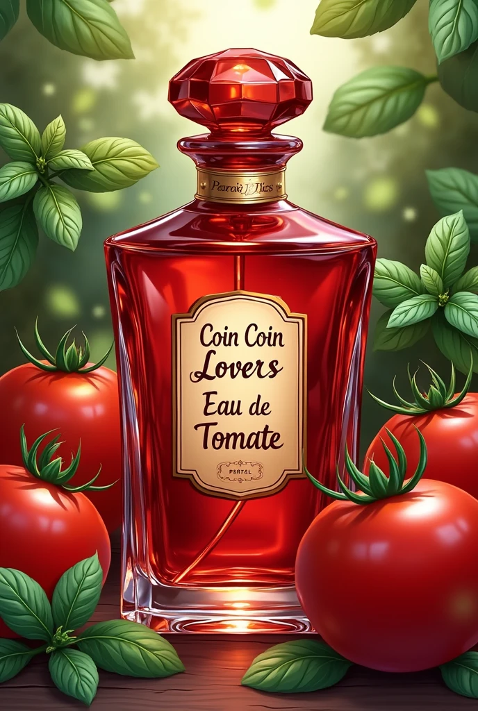 Image illustrations vintage d’un flacon de parfums, magnifique en Crystal transparent rouge, inscrit sur l’étiquette du flacon « Coin Coin Lovers » et  « Eau de Tomate », en arrière plan des tomates et du basilic frais