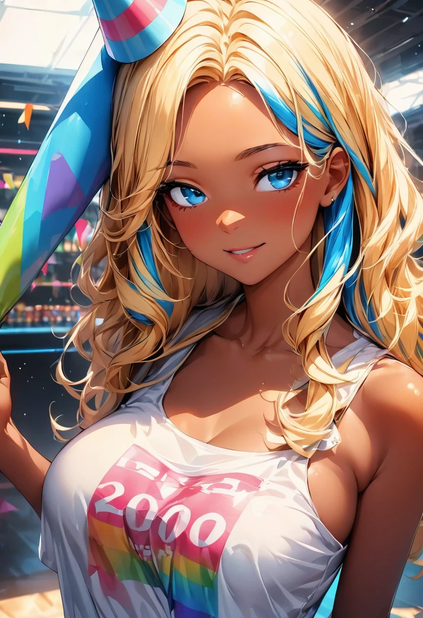 (highest quality:1.2, Very detailed, up to date, Vibrant, Ultra-high resolution, High Contrast, masterpiece:1.2, highest quality, Best aesthetics), Portraiture、girl、slim:1, Bright colors、Beautiful fine details、Beautiful lip detail、long hair, ((wavy hair:0.4))、messy hair, blonde and blue ((streaked hair:1.3)), highlights hair: 1.3, (medium breast:1), (tan skin:1.3), standing in party venue, holding big hand held sign (says "2000"\), colorful conical party hat, happy,