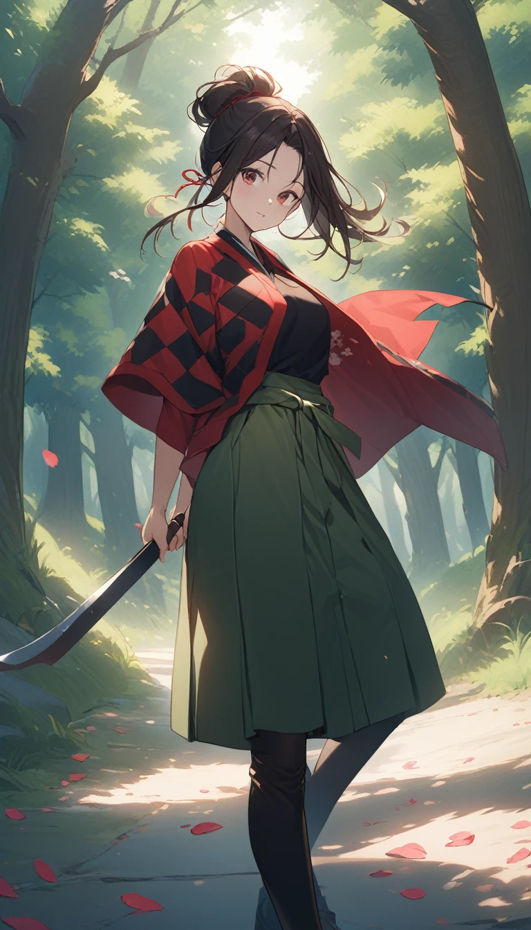 score_9, score_8_up, score_7_up, score_6_up, score_5_up, score_4_up, A female version of Tanjiro Kamado from the anime Demon Slayer. She has long, dark brown hair tied back with a red ribbon, large expressive dark red eyes, and a compassionate expression. She wears a version of the traditional black and green checkered haori, slightly adapted for a feminine form, over a modified version of the Demon Slayer Corps uniform, including a hakama-style skirt instead of pants. She carries a Nichirin blade at her side, the sword's hilt wrapped in a red and black pattern. The scene is set against a backdrop of a forest at sunset, with cherry blossom petals gently falling around her