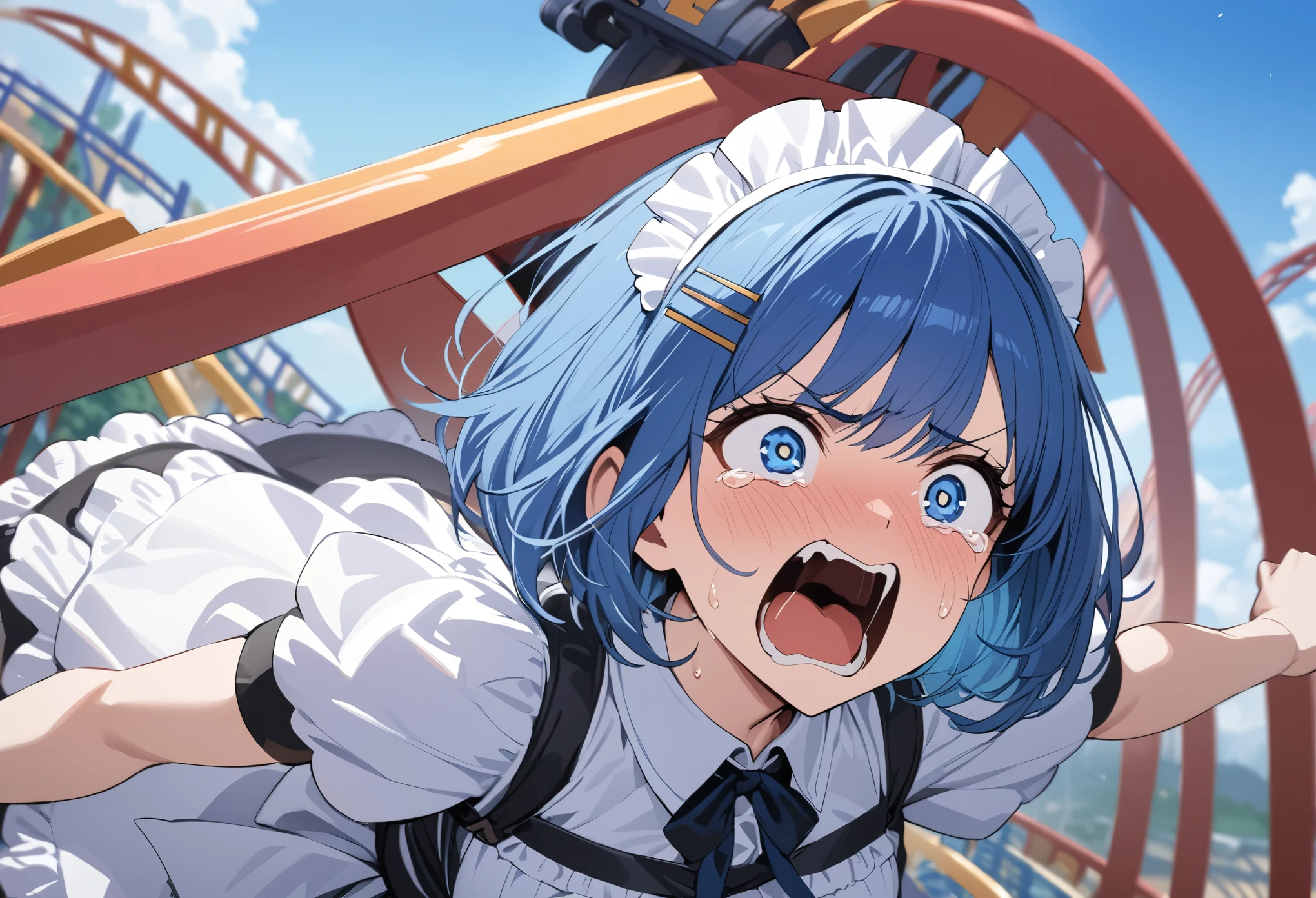 ((best quality)), ((masterpiece)), (detailed), perfect detailed eyes, perfect detailed face, blue hair, bob cut, hairpin, screaming, tearing up, A maid rides a roller coaster even though she's actually scared, blue sky, Scream on a speeding roller coaster, cowboy shot