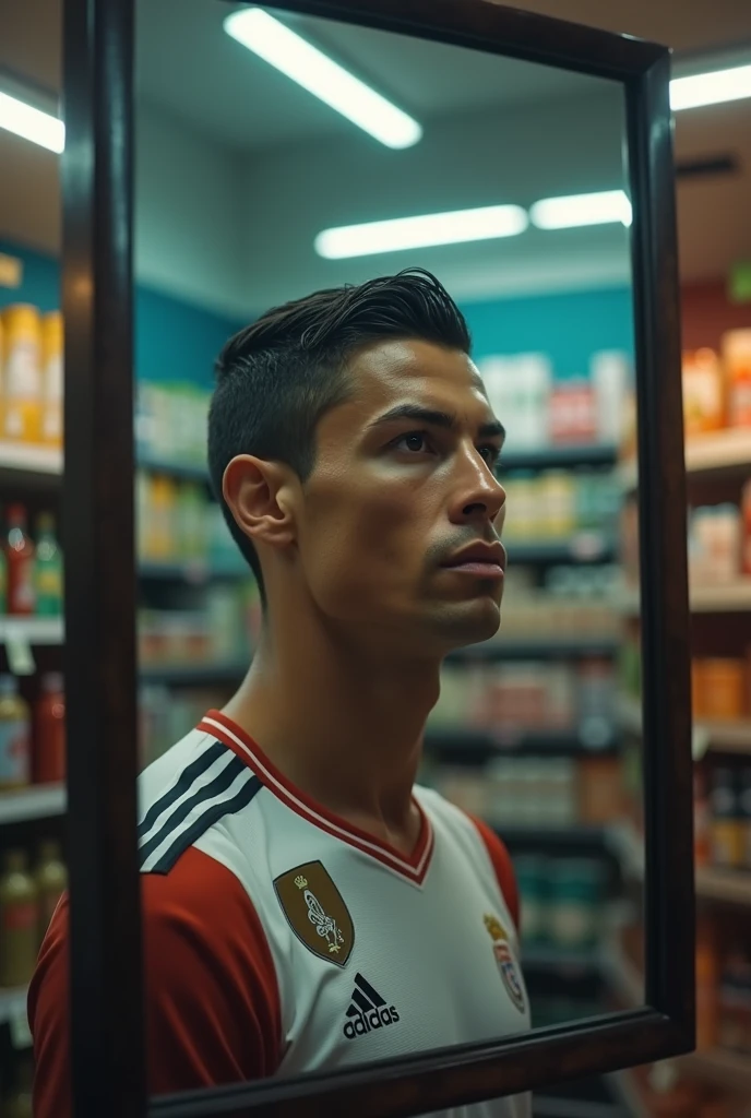 cristiano ronaldo in the reflection of a supermarket mirror
