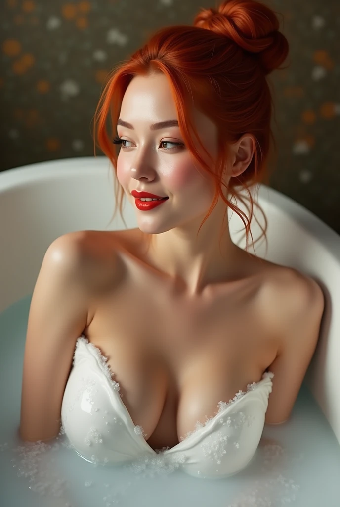 An attractive young woman with fair skin and red hair, long and high bun. She is covered in water and foam on her skin in a hotel bathtub with lips smiling in pleasure.. Her body is curvy, fleshy lips, with wide hips and a thin waist