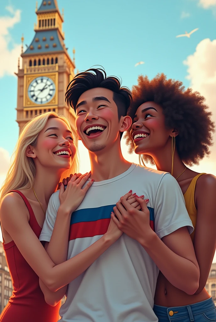 Cantonese man with double eyelids and low nose bridge laughing and looking away from camera wearing white t-shirt with red blue horizontal stripe.  A Scandinavian blonde 1 hugging him from behind laughing. A brown haired Italian woman smiling while looking at him seductively and holding his right hand. Skinny and beautiful Indian woman holding his left hand. Big Ben in background. 