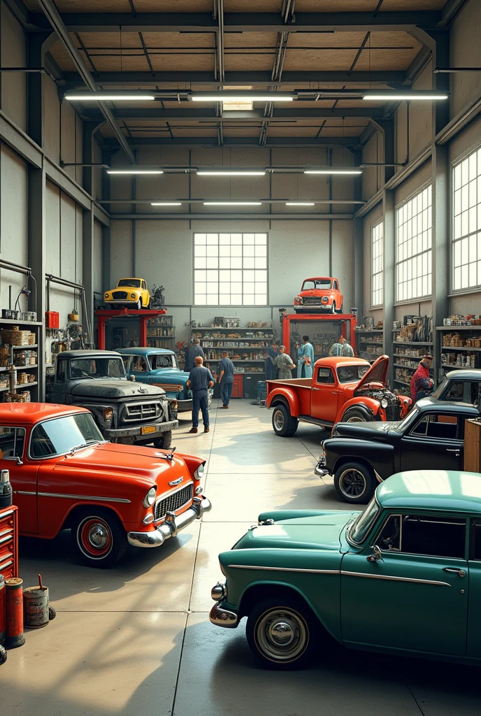 Make me a Two dimensions wall painting of a car repair shop with repair shop equipment on a scale of 1:144 from the original.