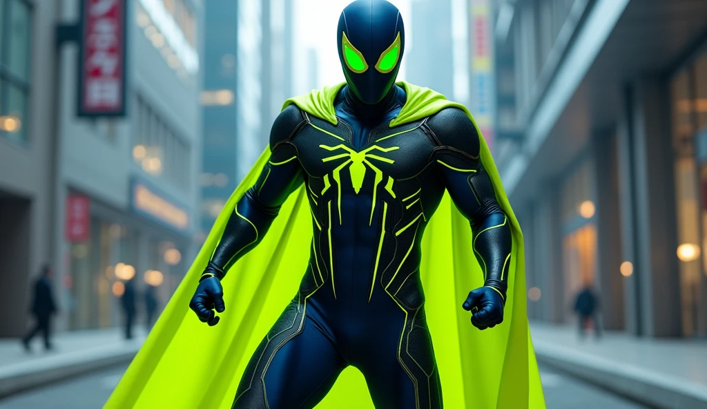 Create a superhero character called &#39;Techman&#39;, inspired by the style of Spider-Man. The character must wear a fitted outfit with predominant colors of dark blue and black., but with a vibrant color and highlighted as a central element. Add a lime green chroma-style cape or accessory, that stands out visually. The outfit must be modern and technological, with subtle details such as circuits and technological symbols, but without the spider symbol on the chest. The Techman must have a dynamic and agile posture, with a confident and friendly expression. The background can be a futuristic urban setting, but the highlight should be on the lime green cape or accessory to ensure that it stands out in thumbnails and is easily recognized as the superhero that helps choose the best options.
Create an image of Techman using a defensive pose, as if blocking an attack or preparing for a defense. The suit must be dark blue and black with technological details., and the lime green accessory must be clearly visible. The background can be a technological battle scene or an urban environment