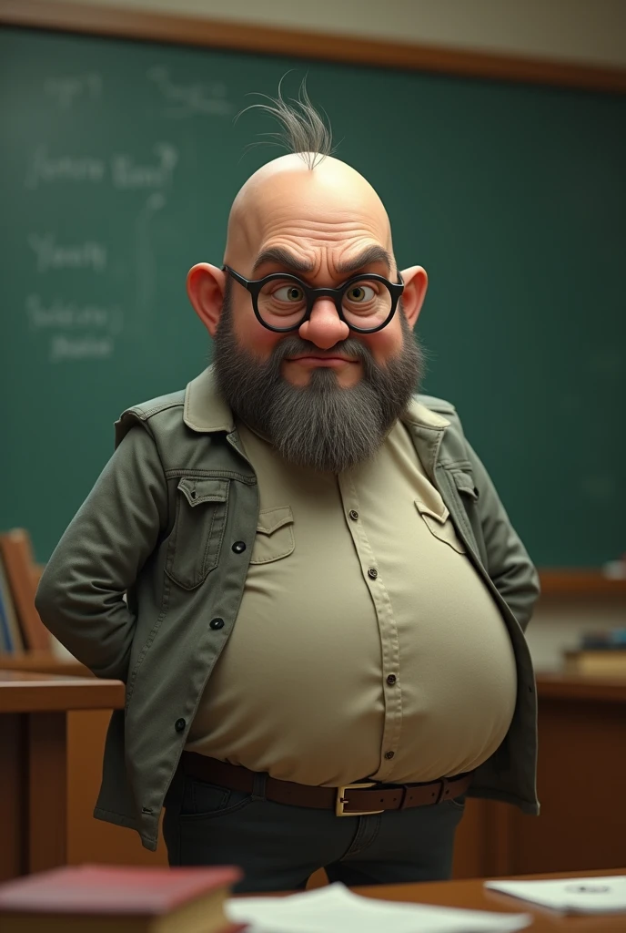 A bald teacher with glasses is angry. He has a sparse beard and his hair is lonely. His body is like an egg.