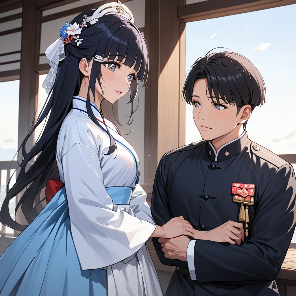 ((Highest quality)), ((masterpiece)), (detailed), (Perfect Face)、The woman is Reika Aoki with semi-long hair、The woman is wearing the North Korean traditional dress and is getting married to a North Korean man.