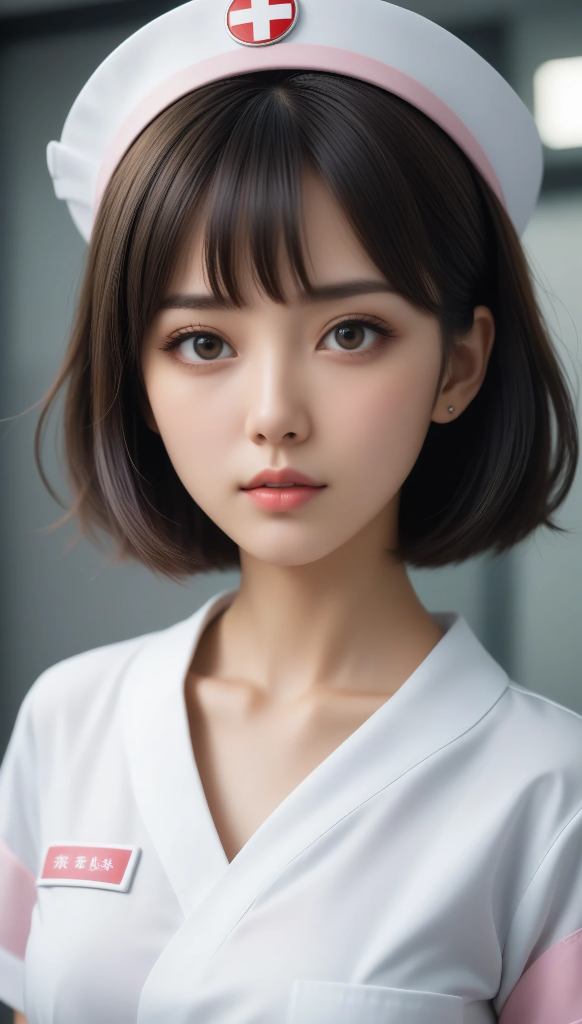 8k, Ultra-high resolution, Highest quality, masterpiece, 三分割法によるphotograph,Surreal, photograph, 1 , (:1.3), cute, cute顔, 細部までBeautiful Eyes, 細かくdetailedに,masterpiece,One Girl:1.2,Japanese women,nurse,upper body,glaring,Black short hair,Bowl cut,ID photo,((Fusion of humans and androids)),(Nurse uniform of the future:1.3),cyber punk,Eccentric,Medical Treatment Room,white collar,(Beautiful attention to detail),Subtle details, detailedな顔,anger,Attractive eyes,(ポートレートphotograph:1.4),(Photorealistic images:1.4),Fantasy art,(Beautiful Face:1.4),美しくAttractive eyes、Beautiful Eyes,Silver residue,(Tight waist:1.4)、(Beautiful with perfect body proportions:1.4),Pink Lips,profile,(((Ideal body type))),A-cup small breasts :2,、Portraiture:2、Perfect Anatomy、鮮明なdetailed、detailed,Fashion magazine cover,Thin lips,完璧でBeautiful Face ,完璧でcute顔, Skin with attention to detail, Perfect limbs、Narrow waist,Surreal,Light and shadow,spotlight
