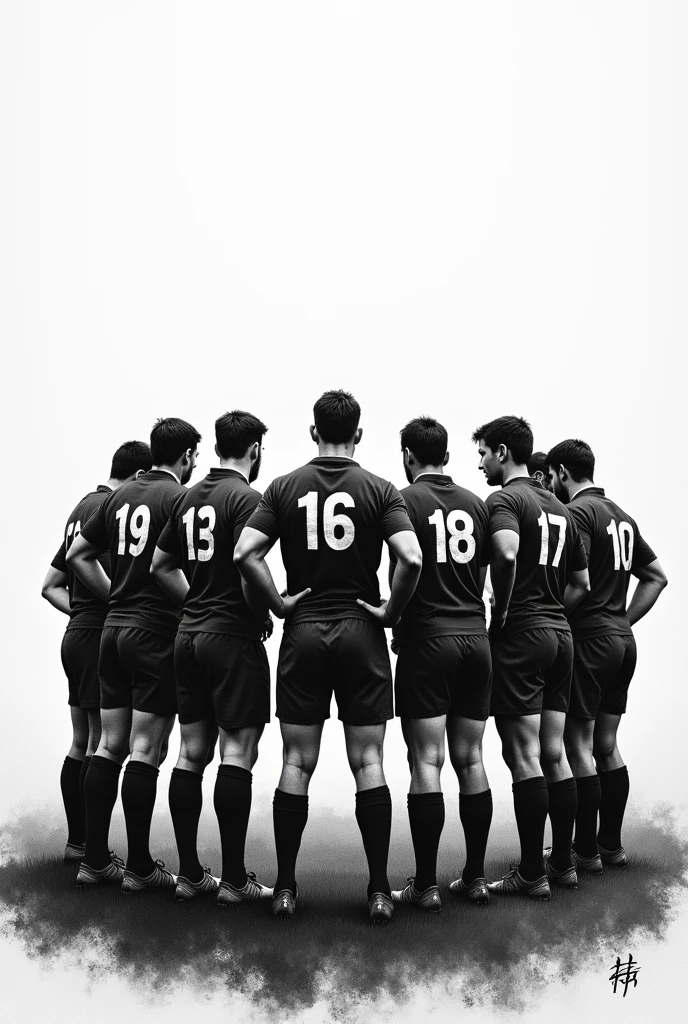 peinture noir et blanc d'une équipe de rugby de 15 joueurs qui se concentreny en rond. Ils ont ont des maillot de rugby avec des numéros dans le dos