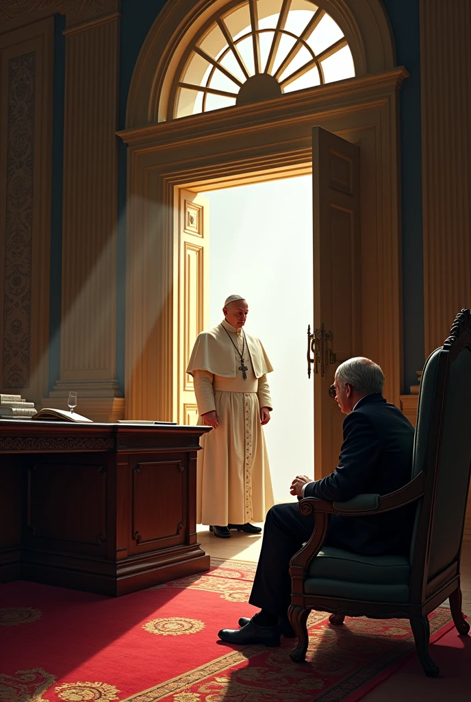 The Pope goes to his office. When you open the door, notices that someone is sitting in an armchair in front of his office desk.