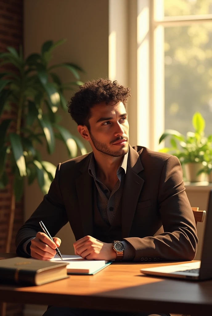 (photorealism:1.2), Handsome man, sitting on a chair and a table is before him with books, bible and laptop on it, A dark brown suit, holding a pen, having short curly hair, indoors, soft lighting, plants in background, window with sunlight, cozy room, relaxed pose, realistic, intricate details, warm colors